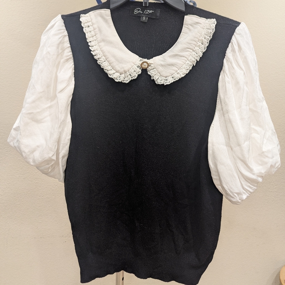 Black & White Peter Pan Collar Puffy Short Sleeve Sweater Blouse - Juniors S